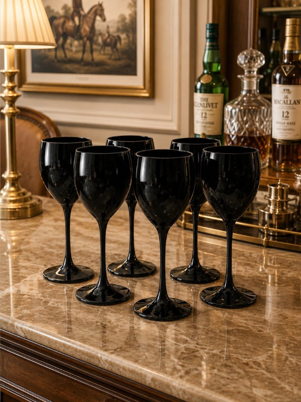 NWOT Set of 6 Black Glass Elegant Classy Luxury Wine Glasses